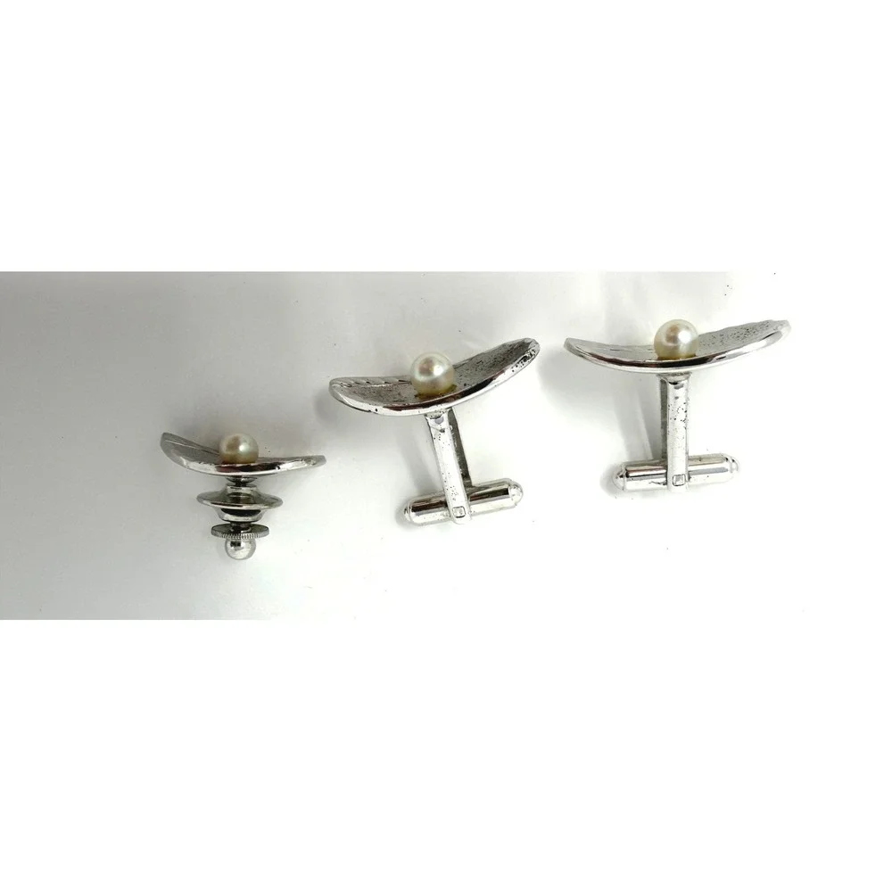 Cufflinks Tie Tack Set Mens OS Silver Fair Pearl Sterling MCM Shield